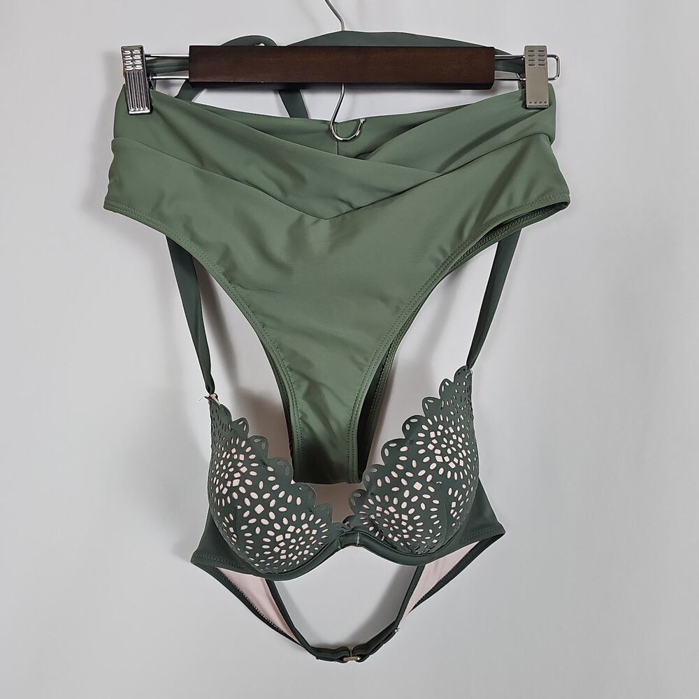 Shade Shore 34A Laser Cut Bikini Top Olive Green Medium Crossover High Waist Set